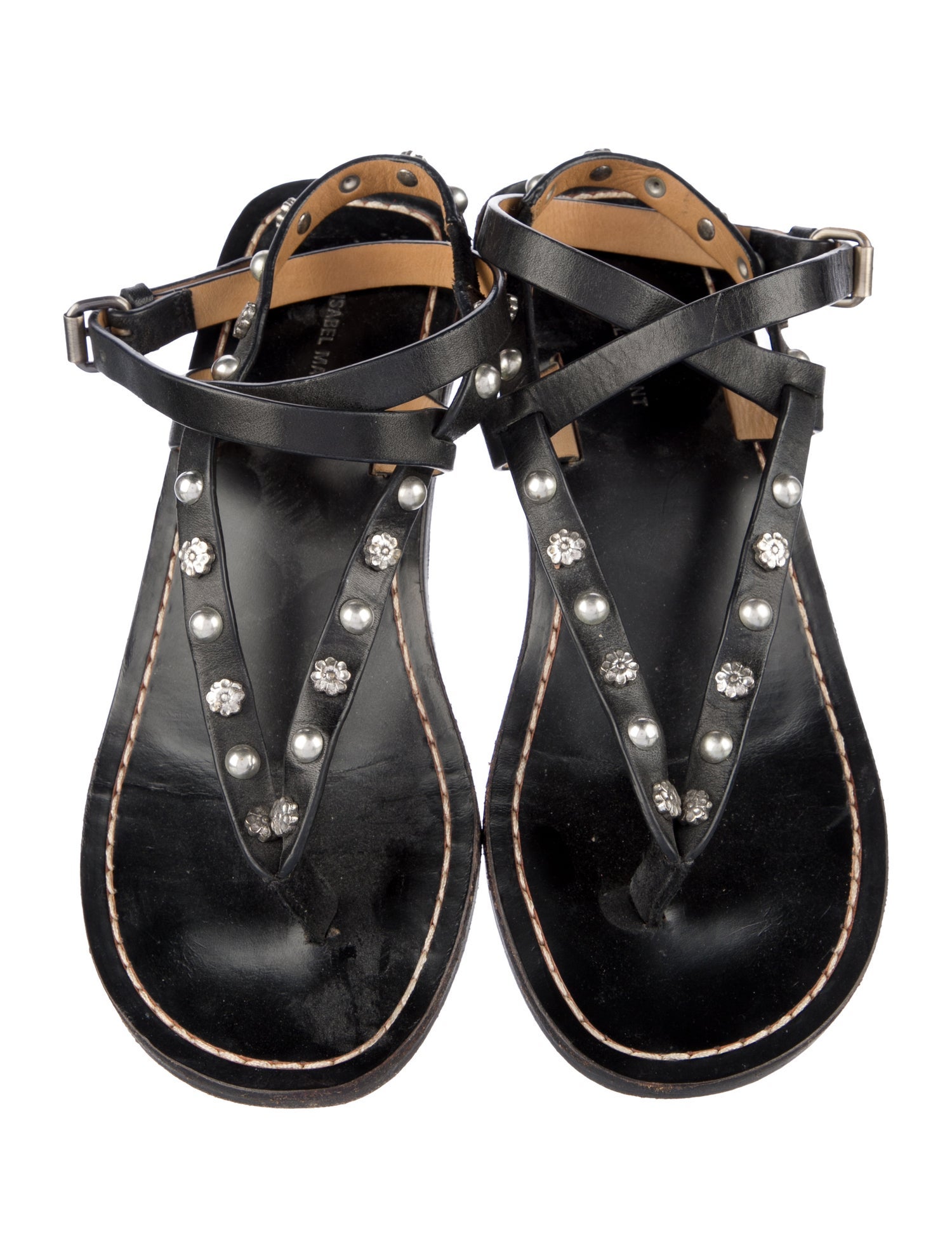 Isabel Marant Leather Studded Accents T-Strap Sandals